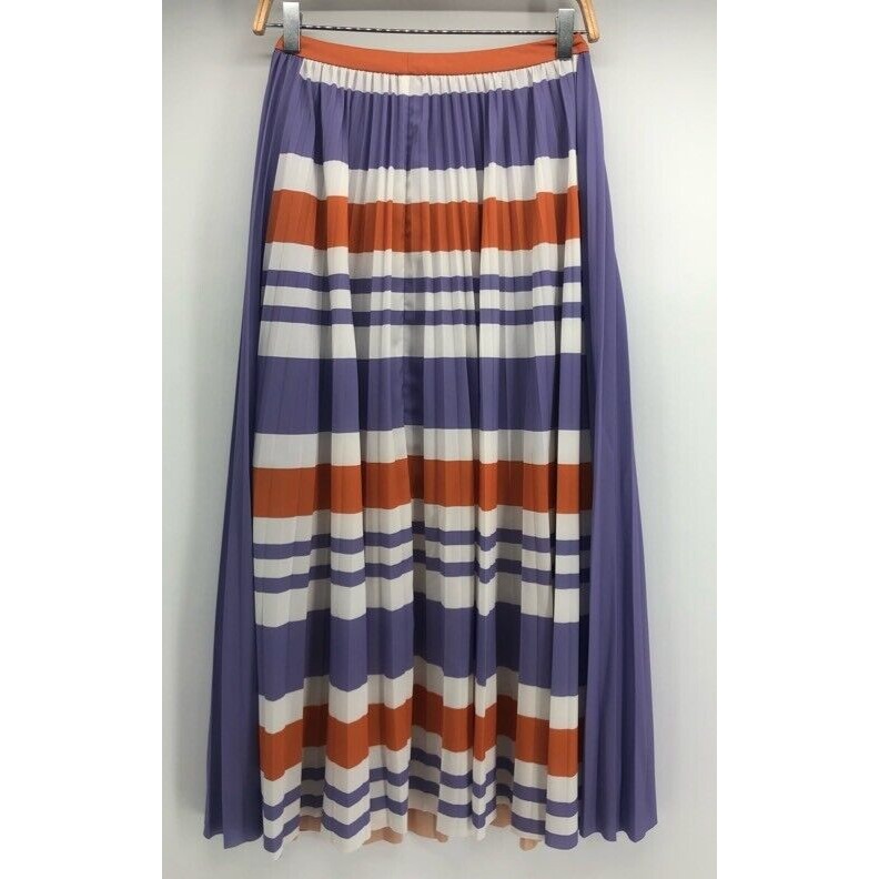 Three Floor Cleo Skirt Womens Sz 4 Purple Orange White Stripe Midi Kiss Pleated